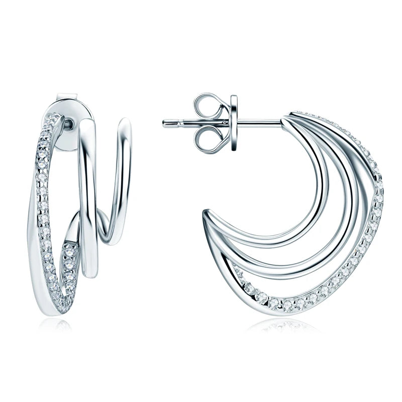 925 Sterling Silver Triple Hoop Moissanite Earrings – Geometric Illusion Ear Cuff Piercing Jewelry for Women | Melisande