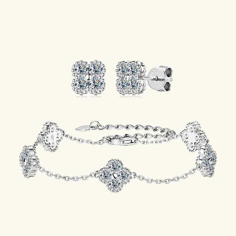 3mm D Color Moissanite Clover Jewelry Set, 925 Sterling Silver Necklace, Earrings & Bracelet (3-in-1 Set) – Melisande