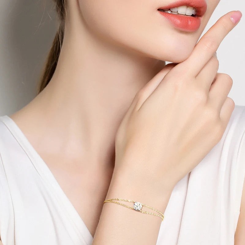 925 Silver Double Chain Moissanite Bracelet, 6.5mm 1.0ct D Color Stone, With GRA Certificate – Women’s Fine Jewelry – Melisande