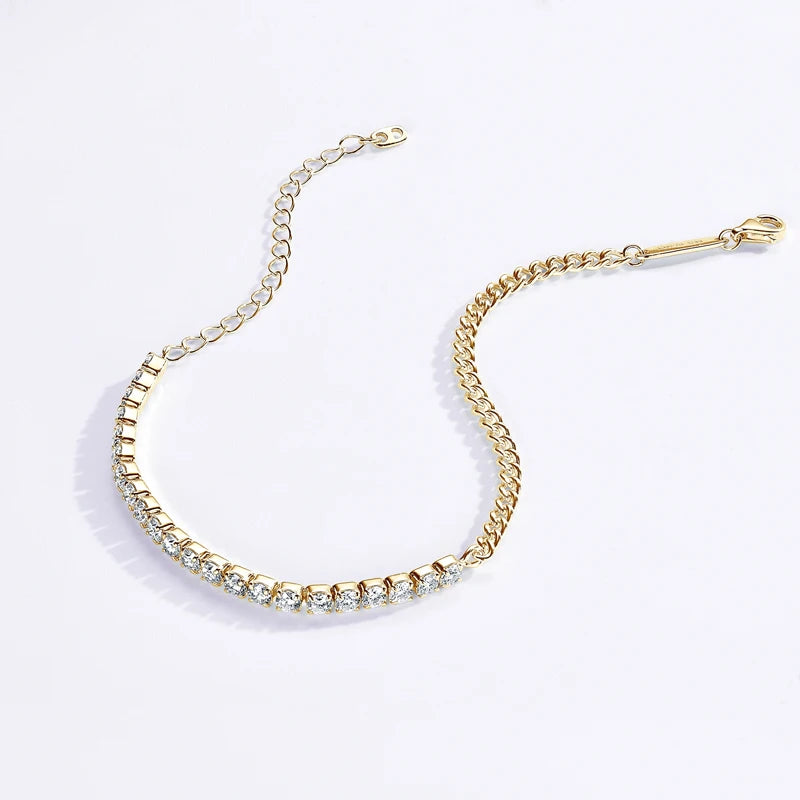 18K Gold Plated Half Tennis & Cuban Moissanite Bracelet, 2mm / 3mm D Color Stones, Real 925 Silver Chain for Women & Men – Melisande