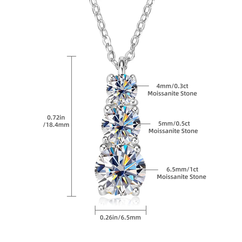 925 Sterling Silver D1.85ct Certified Moissanite Necklace, Gradual Three-Stone Pendant Collar – Melisande
