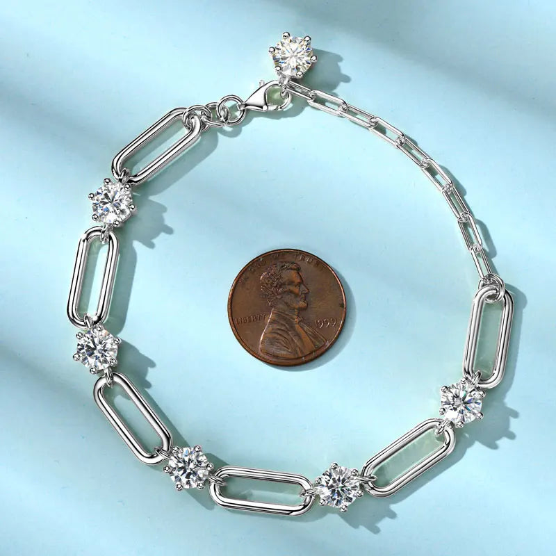 6.0cttw 6.5mm (1.0ct each) Moissanite Link Chain Bracelet, Real 925 Sterling Silver – Women’s Fine Jewelry – Melisande