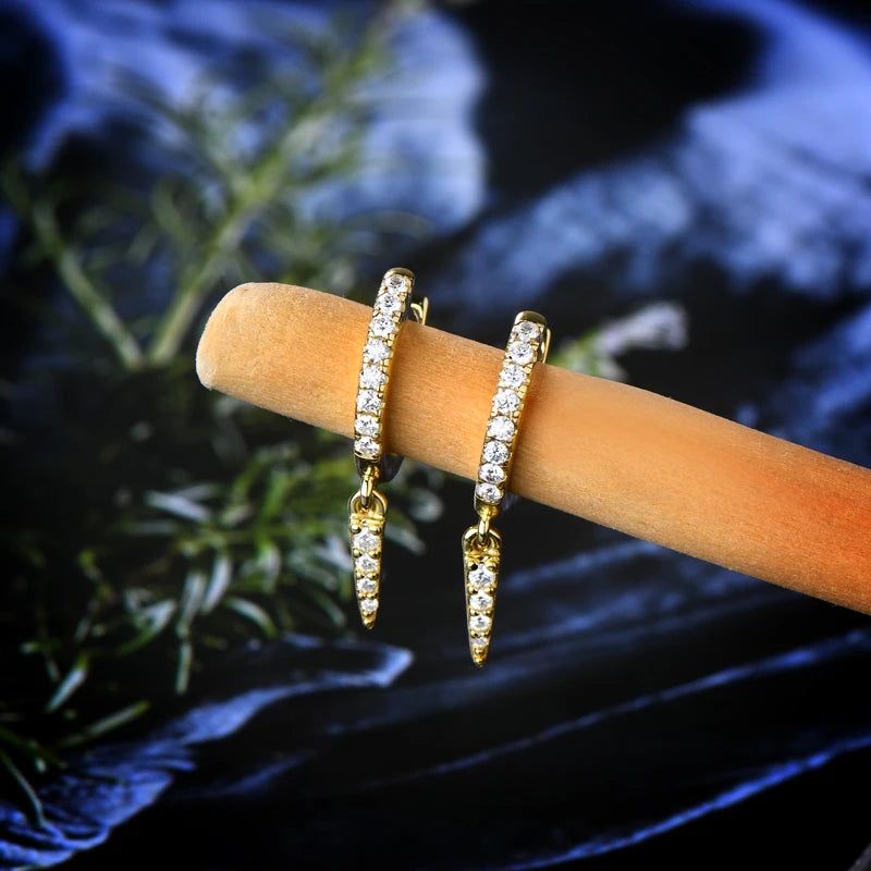 925 Sterling Silver Hoop Huggie Earrings – Triangular Moissanite Drop Design | Melisande