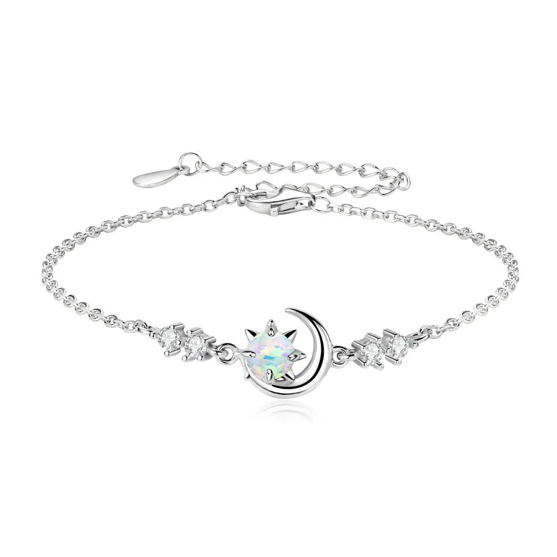 White Opal Sun & Moon Bracelet, Real 925 Sterling Silver Chain with 5A Zircon Stones – Women’s Fine Jewelry – Melisande