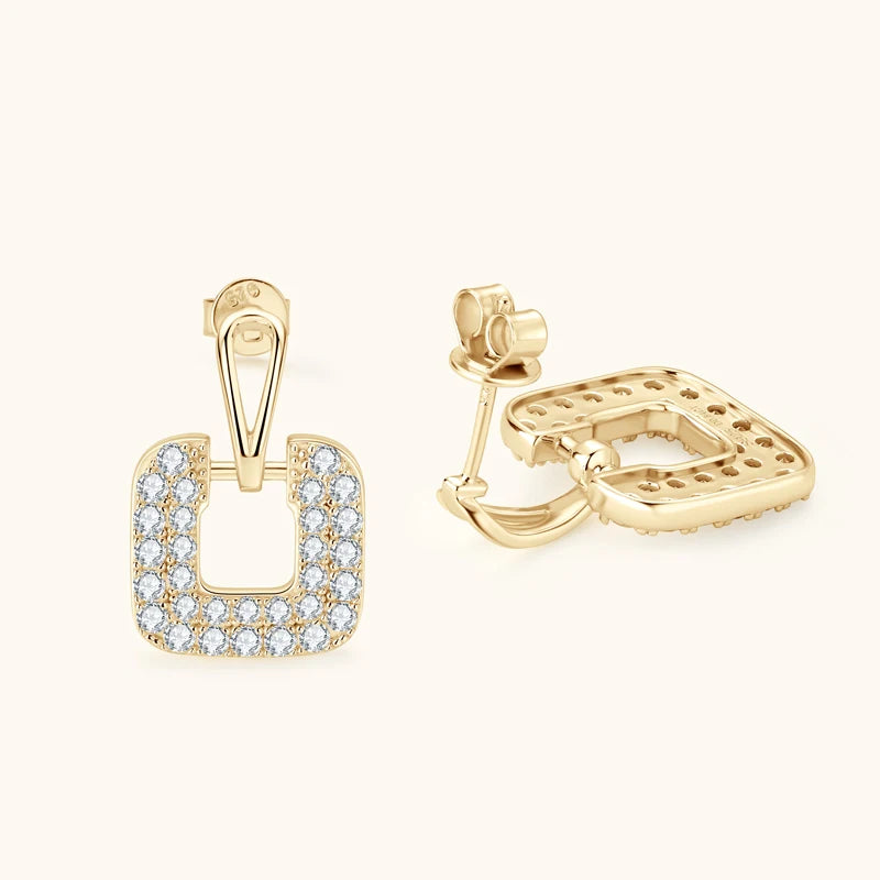 925 Sterling Silver Gold Square Moissanite Earrings – Luxury Drop Piercing | Melisande