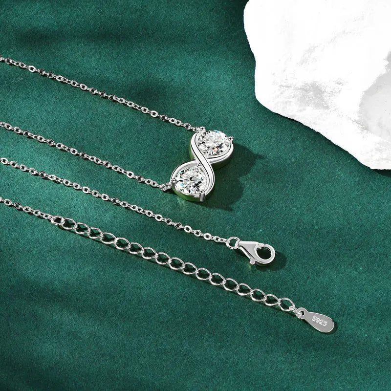 Infinity Pendant Moissanite Necklace, 6.5mm 2.0cttw (1ct Each) D Color Stones, 925 Sterling Silver Adjustable Chain – Women’s Fine Jewelry – Melisande