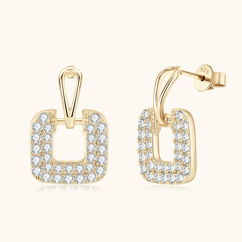 925 Sterling Silver Gold Square Moissanite Earrings – Luxury Drop Piercing | Melisande