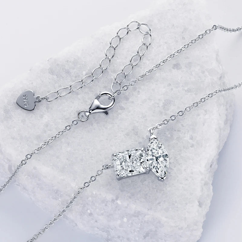 3cttw Moissanite Pendant Necklace, 2ct Emerald Cut & Pear Cut D Color Stones, S925 Sterling Silver Adjustable Chain – Melisande