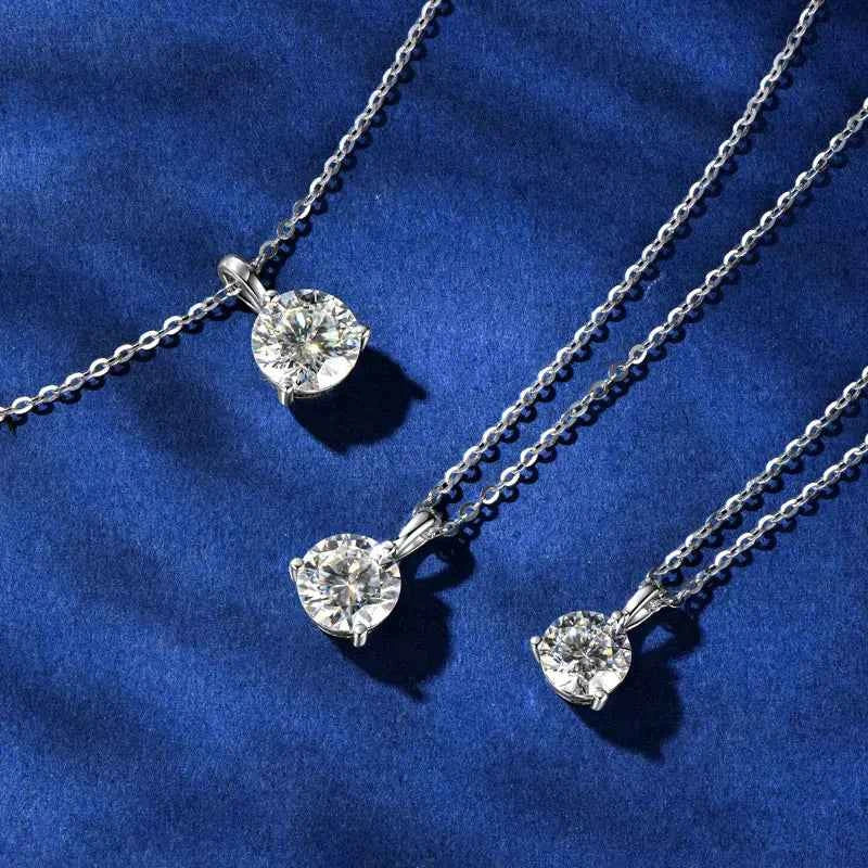 2ct / 1.5ct / 1ct D Color Moissanite Solitaire Pendant Necklace, Three-Claw Design, 8mm & 7.5mm Stones, 925 Sterling Silver Adjustable Chain – Melisande