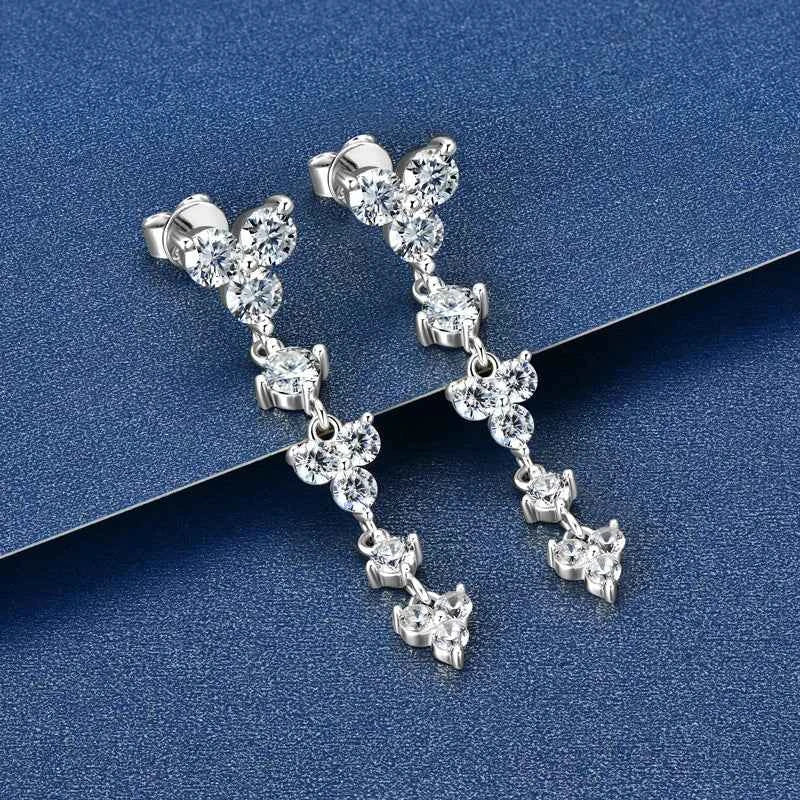 925 Sterling Silver Long Drop Earrings, 4mm D Color Moissanite Piercing Studs – Melisande