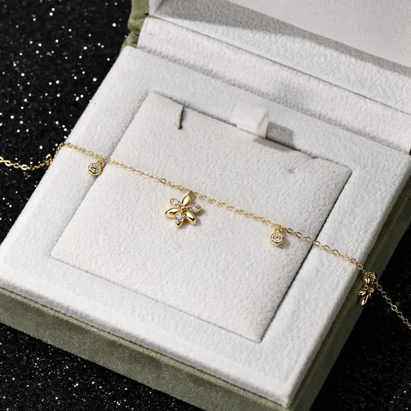 Moissanite Flower Bracelet, Real 925 Sterling Silver, 18K Gold Plated Adjustable Chain Design – Women’s Fine Jewelry – Melisande