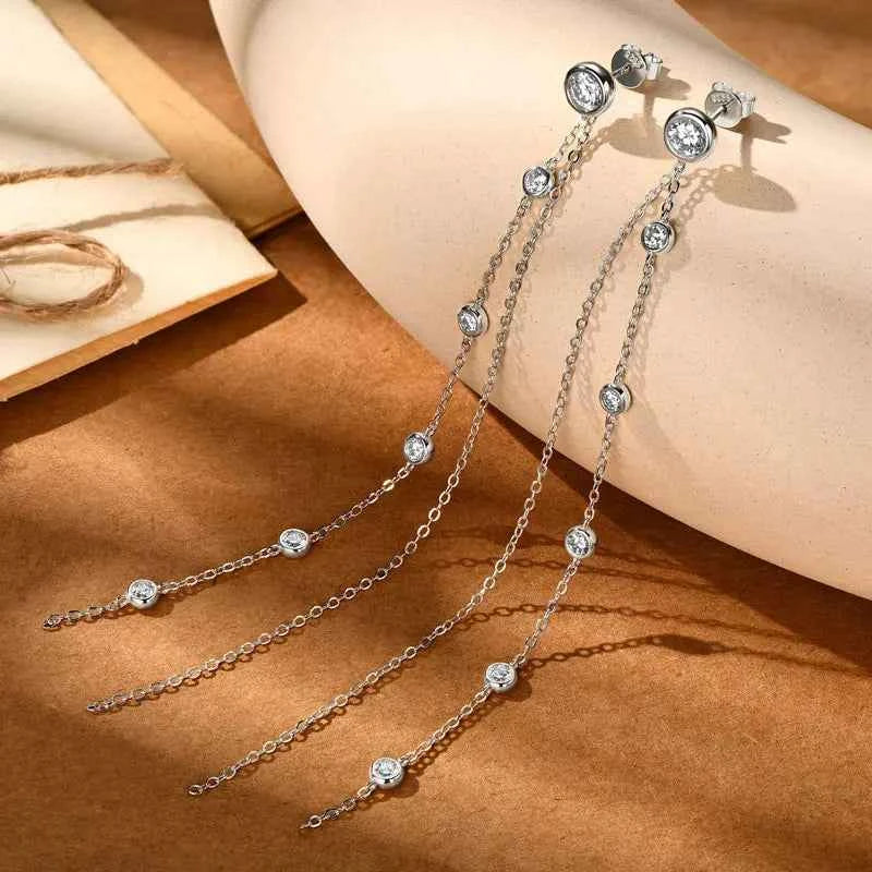 925 Sterling Silver Long Tassel Moissanite Drop Earrings, 5mm & 3mm Stones, Double Chain 10–11.5cm Design – Melisande