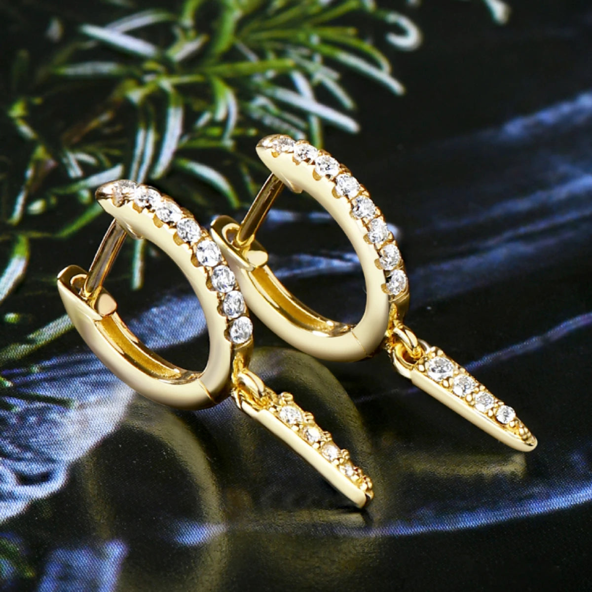 925 Sterling Silver Hoop Huggie Earrings – Triangular Moissanite Drop Design | Melisande