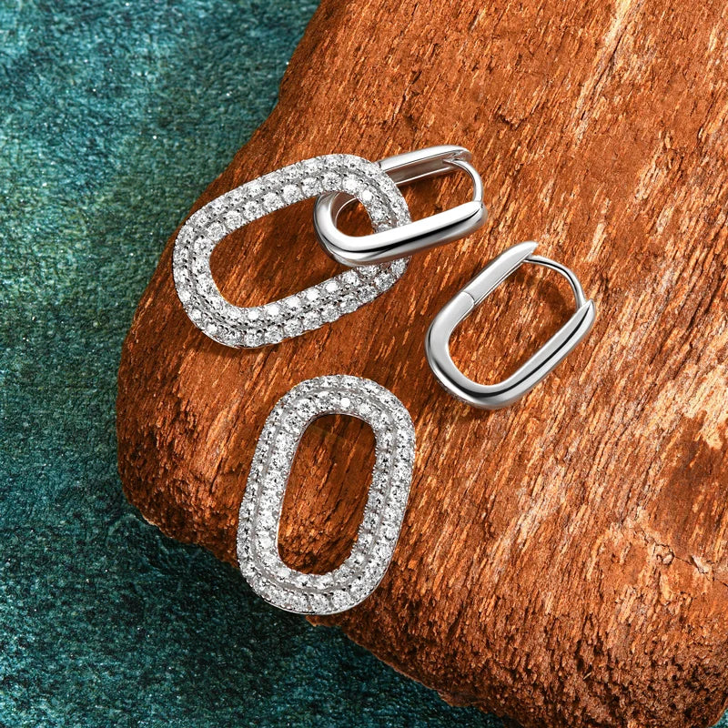 925 Sterling Silver Paperclip Link Hoop Earrings – Round Moissanite Drop Dual-Purpose Jewelry for Women | Melisande