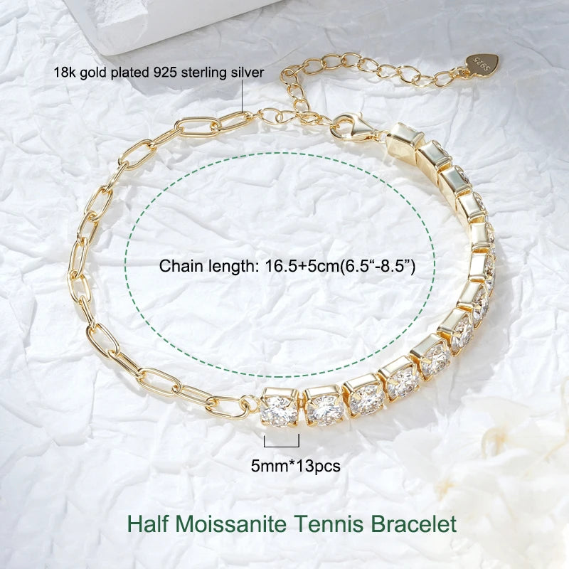 Moissanite Tennis Bracelet, 925 Sterling Silver, 14K Gold Plated, 3mm & 5mm D VVS1 Round Stones – Women’s Fine Jewelry – Melisande