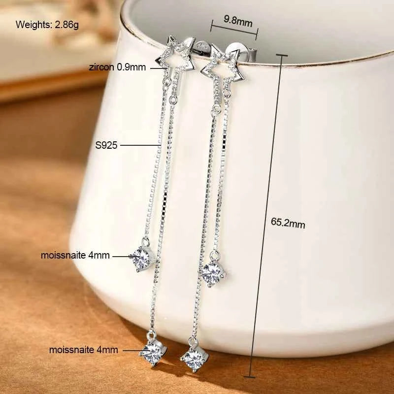 Moissanite Star Tassel Earrings – 925 Sterling Silver Certified Drop Dangle Jewelry | Melisande