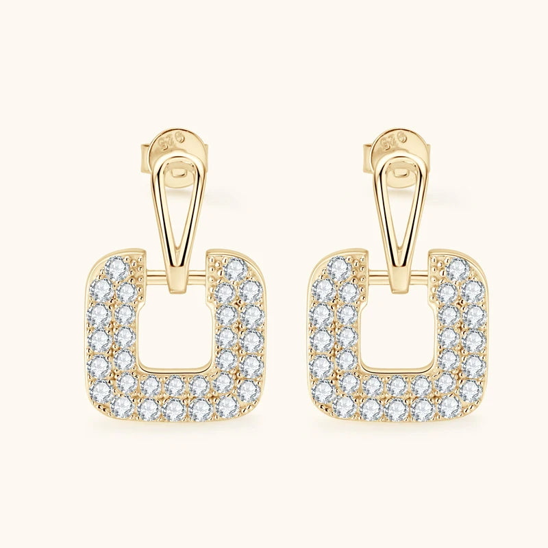 925 Sterling Silver Gold Square Moissanite Earrings – Luxury Drop Piercing | Melisande