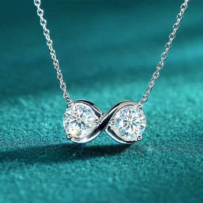Infinity Pendant Moissanite Necklace, 6.5mm 2.0cttw (1ct Each) D Color Stones, 925 Sterling Silver Adjustable Chain – Women’s Fine Jewelry – Melisande