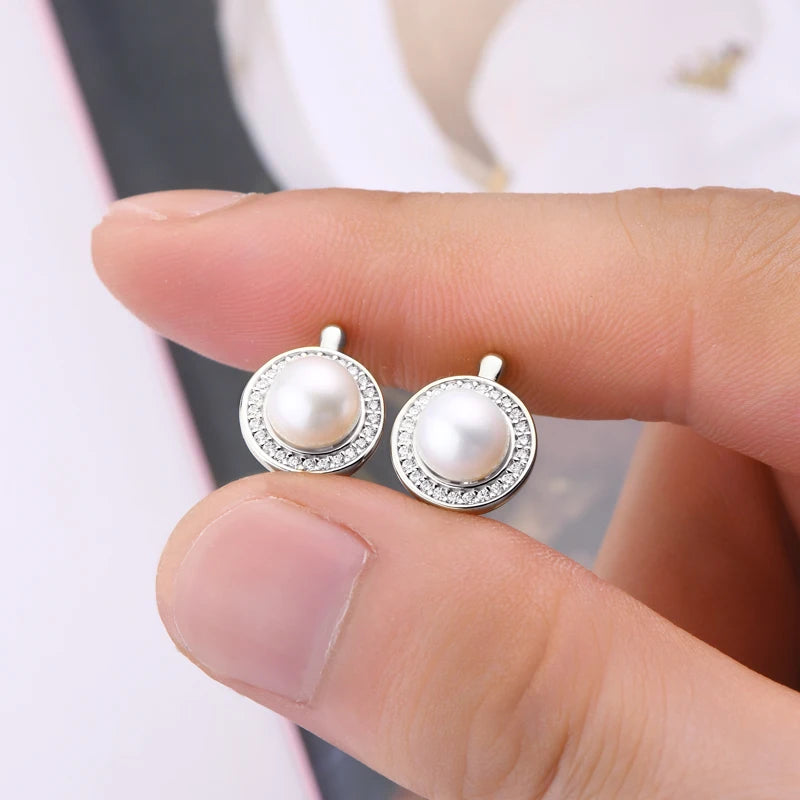 Moissanite & Pearl Hoop Earrings – 925 Sterling Silver 1mm VVS1 Stones with 7mm Freshwater Pearls | Melisande