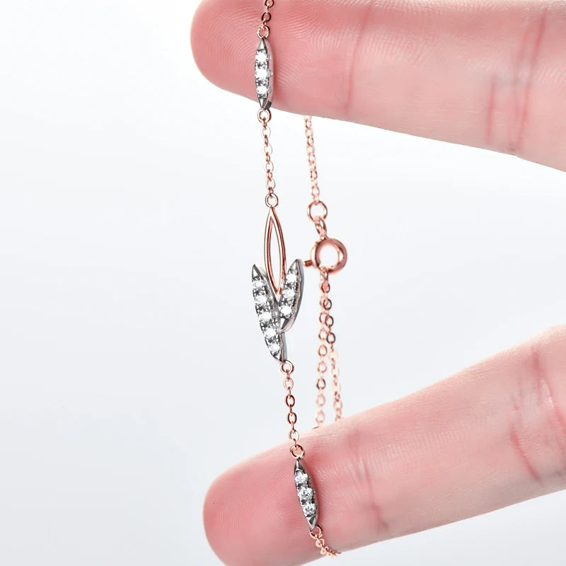 18K Rose Gold Plated Delicate Leaf Bracelet, 2mm D Color Moissanite Stones, 925 Sterling Silver Chain – Women’s Fine Jewelry – Melisande