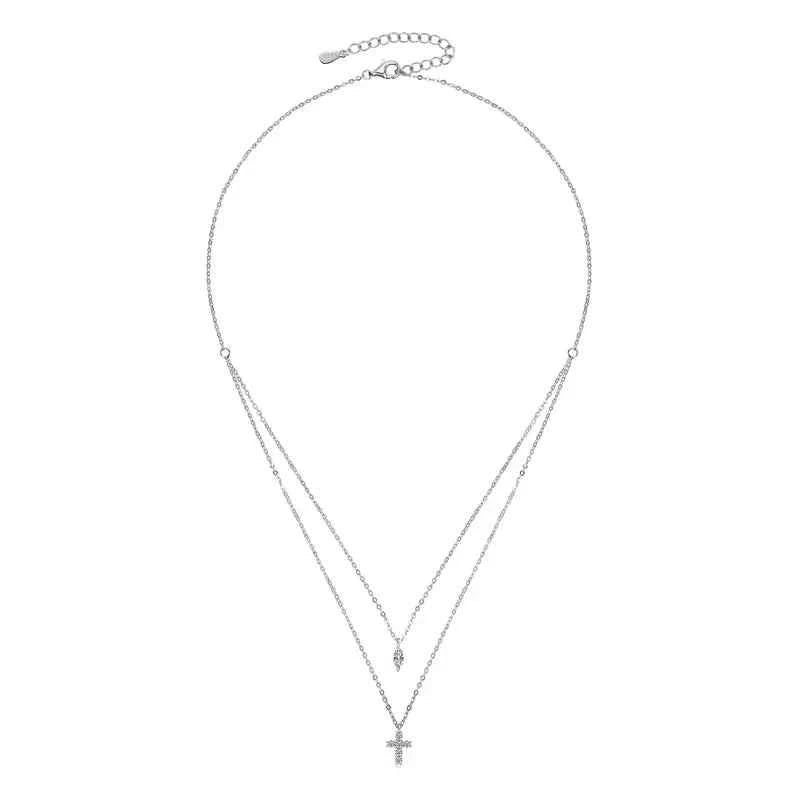 Moissanite Cross Pendant Double Layer Necklace, 925 Sterling Silver Faith & Religion Charm – Melisande