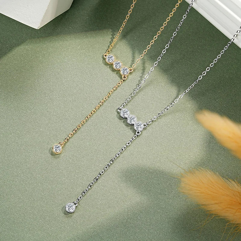 925 Sterling Silver Y Lariat Moissanite Necklace – 3mm Bezel Round Pendant 2024 Jewelry for Women | Melisande