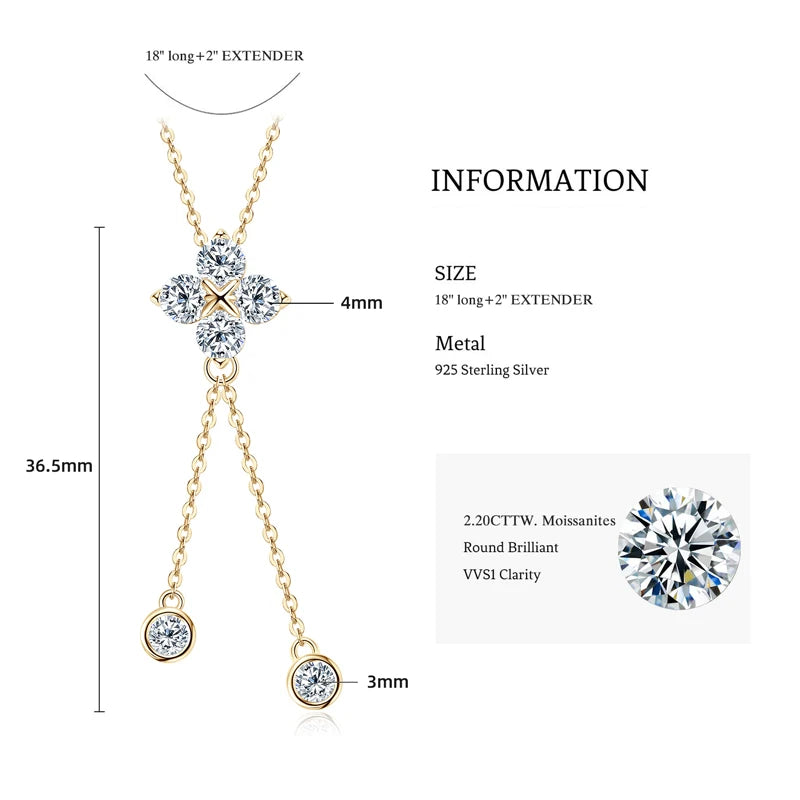 1.6cttw 6.5mm Moissanite Pendant Necklace, Bubble Crown Clover Tassel Y-Shaped Design, 925 Sterling Silver Adjustable Chain – Melisande