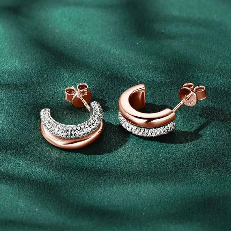 Moissanite Pave Stud Earrings – 925 Sterling Silver C-Shaped Double Open Hoops Jewelry | Melisande