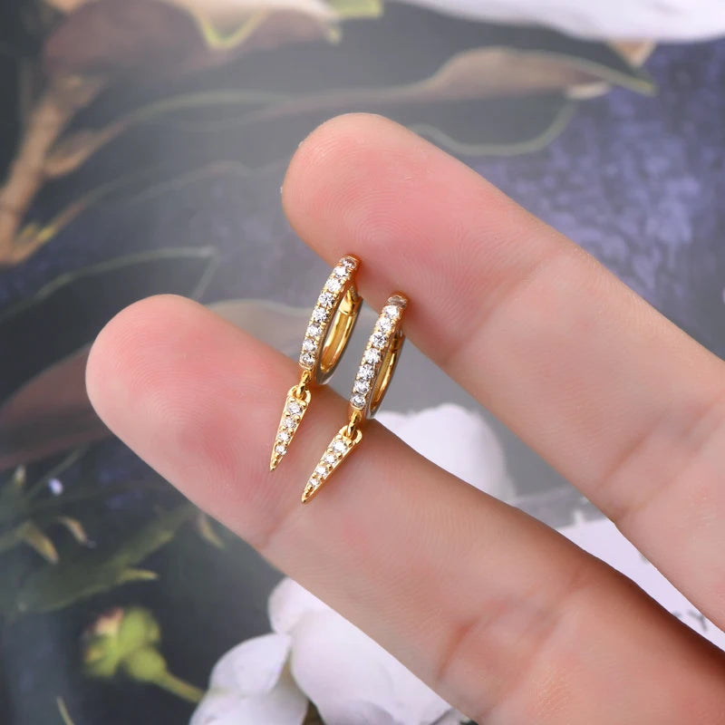 925 Sterling Silver Hoop Huggie Earrings – Triangular Moissanite Drop Design | Melisande