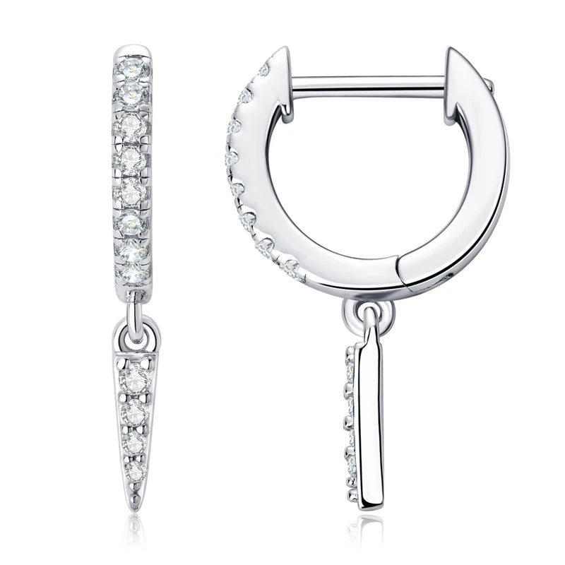 925 Sterling Silver Hoop Huggie Earrings – Triangular Moissanite Drop Design | Melisande