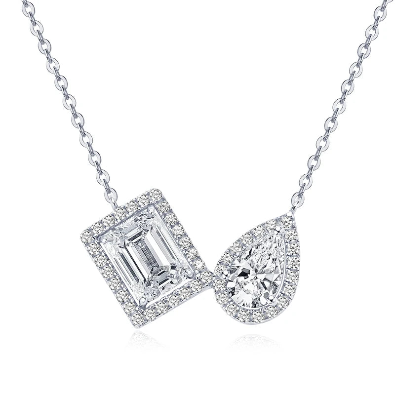 3cttw Moissanite Pendant Necklace, 2ct Emerald Cut & Pear Cut D Color Stones, S925 Sterling Silver Adjustable Chain – Melisande