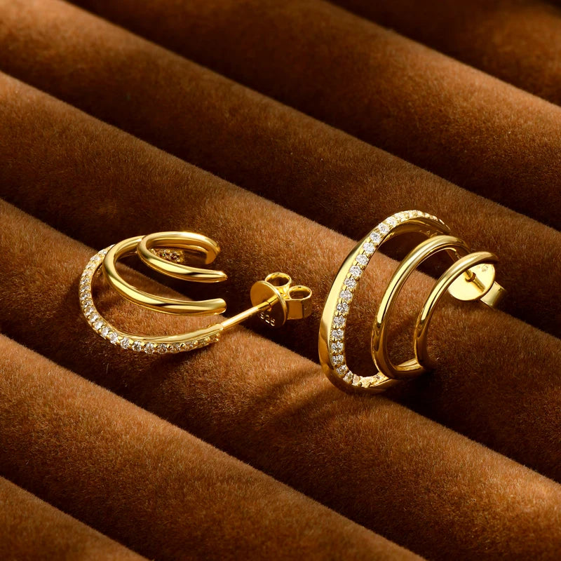 925 Sterling Silver Triple Hoop Moissanite Earrings – Geometric Illusion Ear Cuff Piercing Jewelry for Women | Melisande