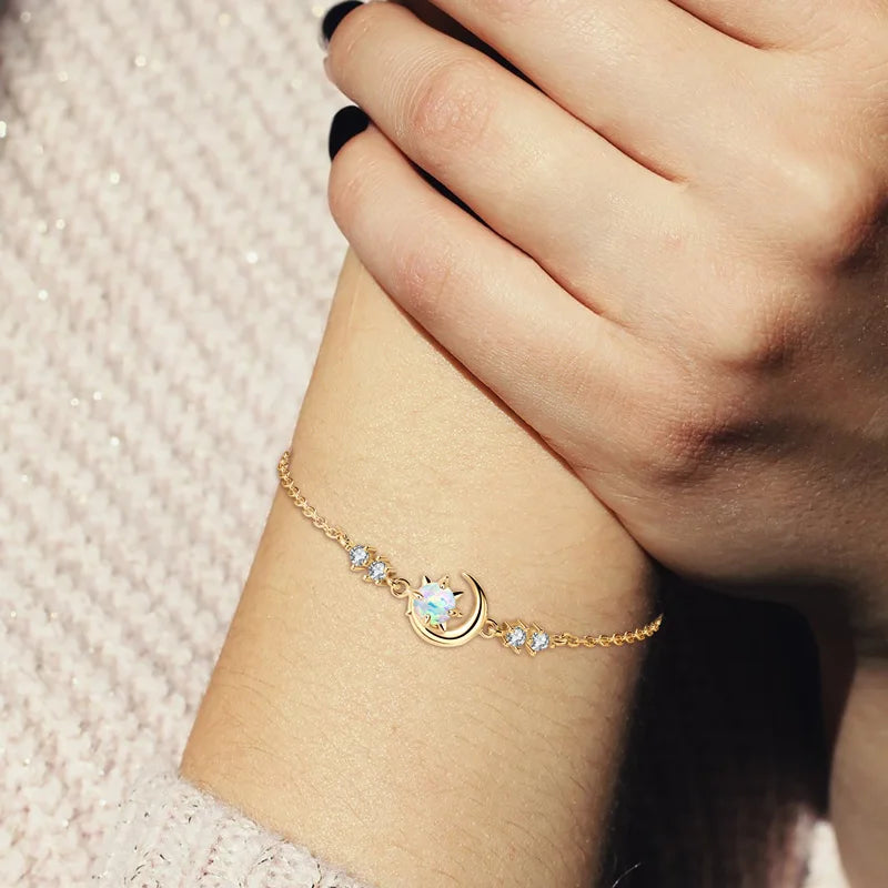 White Opal Sun & Moon Bracelet, Real 925 Sterling Silver Chain with 5A Zircon Stones – Women’s Fine Jewelry – Melisande