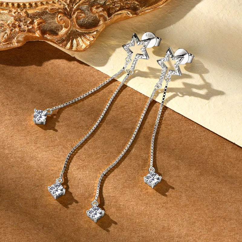 4mm D Color Moissanite Star Tassel Earrings – 925 Sterling Silver Long Chain Dangle Jewelry for Women | Melisande