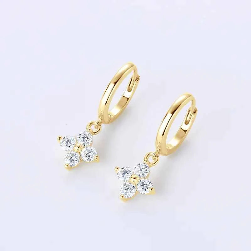 925 Sterling Silver Four-Leaf Clover Drop Hoop Earrings, 3mm D Color Moissanite Stones – Melisande