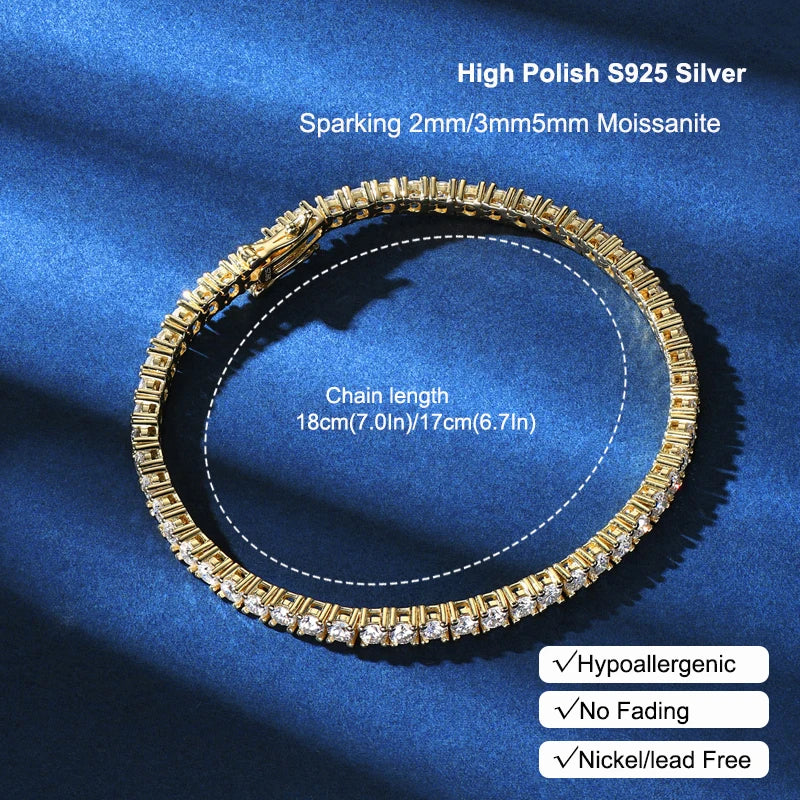 Moissanite Tennis Bracelet, 925 Sterling Silver, 14K Gold Plated, 3mm & 5mm D VVS1 Round Stones – Women’s Fine Jewelry – Melisande