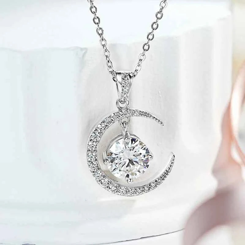 Anziw 8mm 2.0CT Moissanite Sun Crescent Pendant Necklaces For Women 925 Silver Adjustable Chain Charm GRA Certified Jewelry Gift
