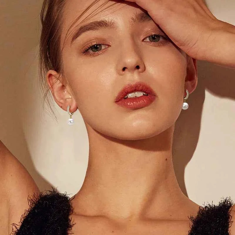 Moissanite Hoop Earrings – 925 Sterling Silver with 9–10mm Freshwater Pearl Drop Wedding Jewelry | Melisande