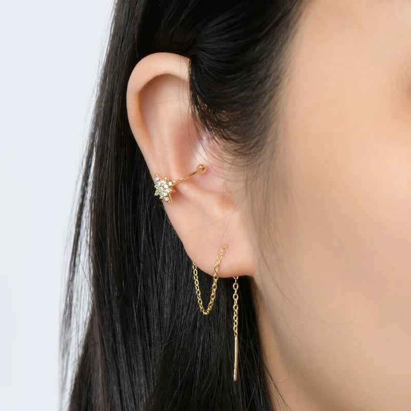 Moissanite Star Ear Line Cuff Climber Earrings, 925 Sterling Silver Long Chain Threader Design – GRA Certified – Melisande