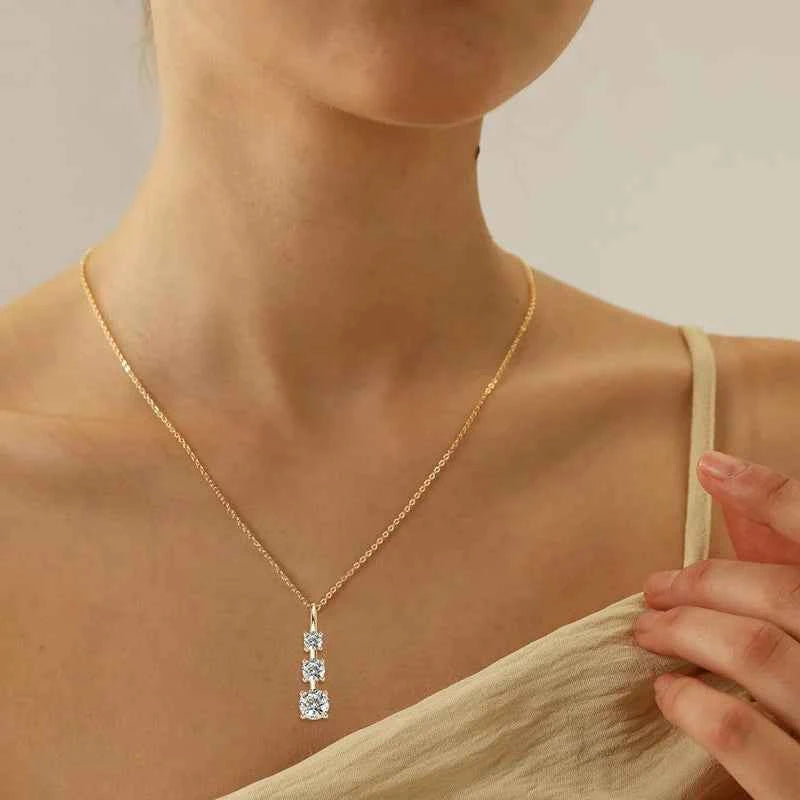 1.8cttw D Color Moissanite Three-Stone Pendant Necklace, 925 Sterling Silver Adjustable Chain – Melisande