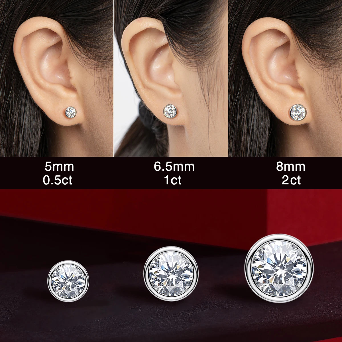 Moissanite Bezel Stud Earrings – 925 Sterling Silver 5mm & 6.5mm Round Solitaire Unisex Jewelry | Melisande