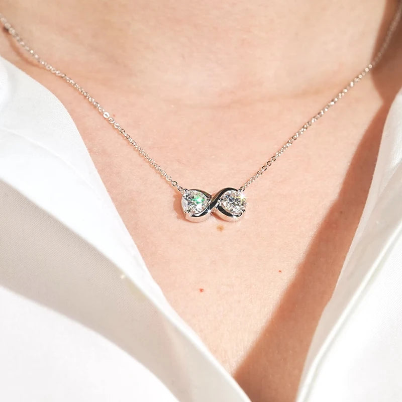 Infinity Pendant Moissanite Necklace, 6.5mm 2.0cttw (1ct Each) D Color Stones, 925 Sterling Silver Adjustable Chain – Women’s Fine Jewelry – Melisande