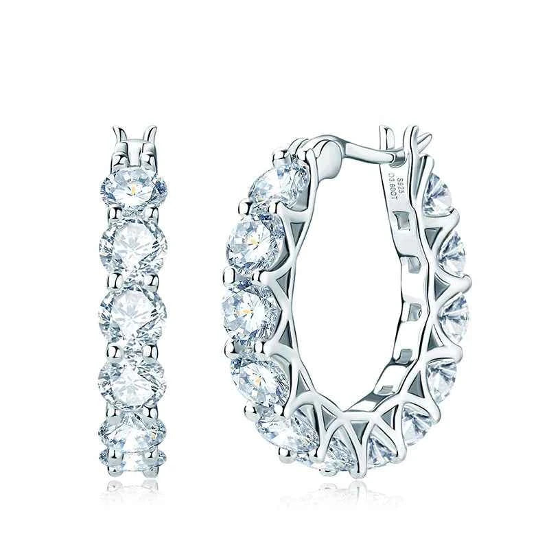 Full Moissanite Hoop Earrings, 3mm / 4mm Stones, Solid 925 Sterling Silver – Melisande