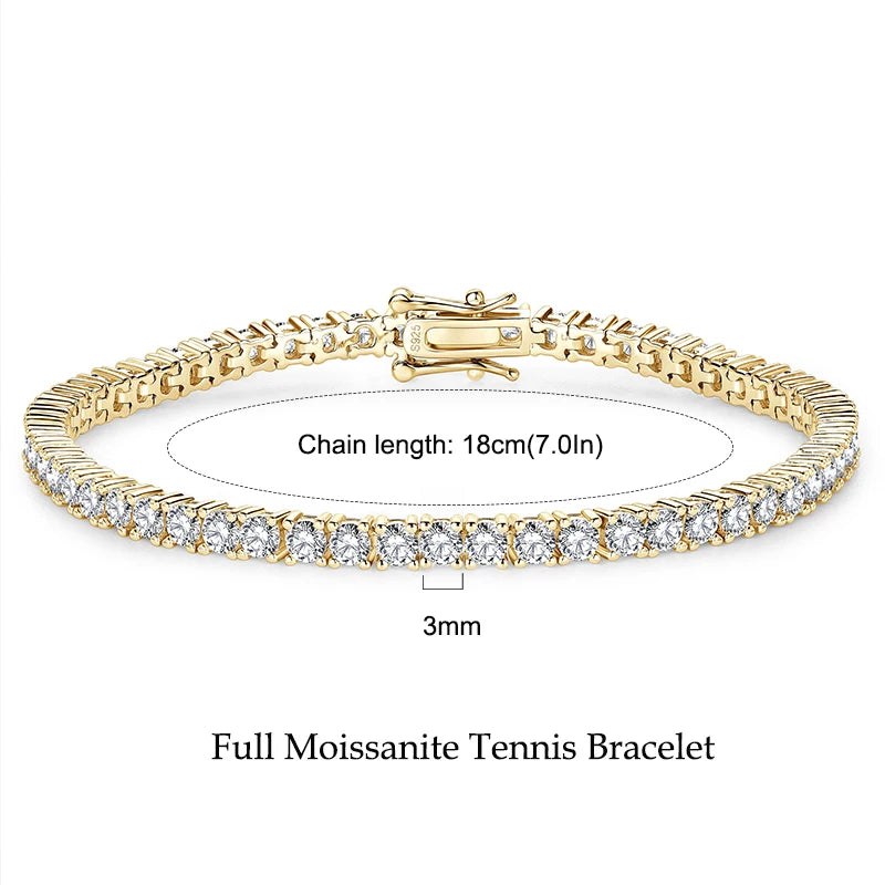 Moissanite Tennis Bracelet, 925 Sterling Silver, 14K Gold Plated, 3mm & 5mm D VVS1 Round Stones – Women’s Fine Jewelry – Melisande