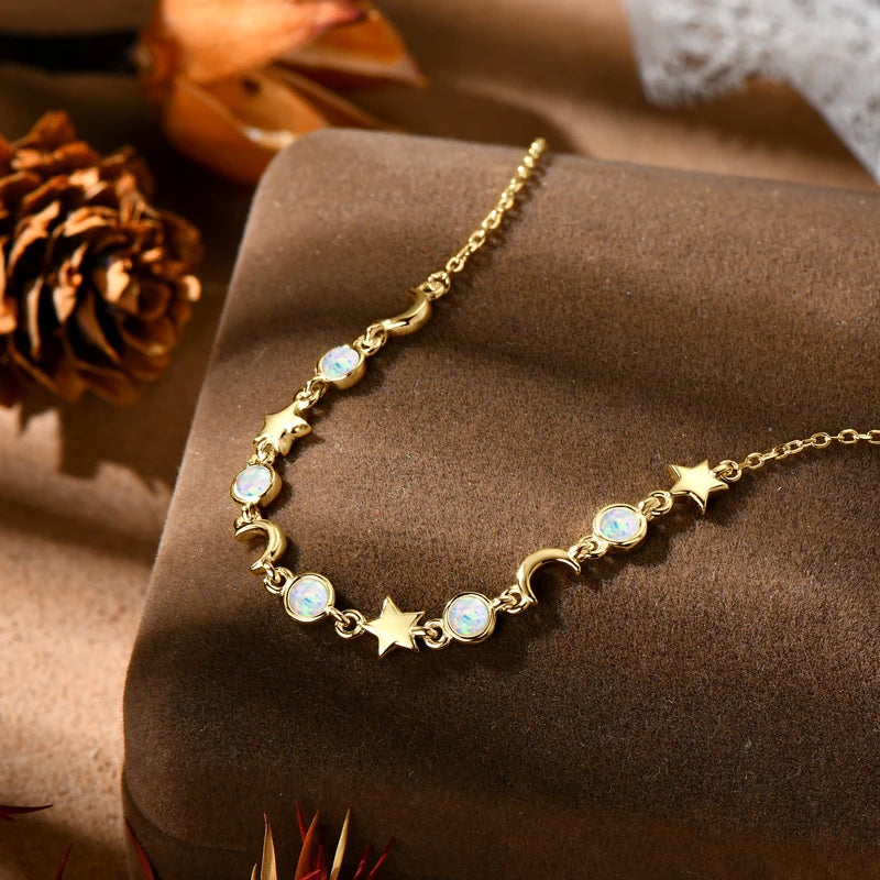 Opal Moon & Star Bracelet, S925 Sterling Silver Chain, Celestial Design Women’s Fine Jewelry – Melisande