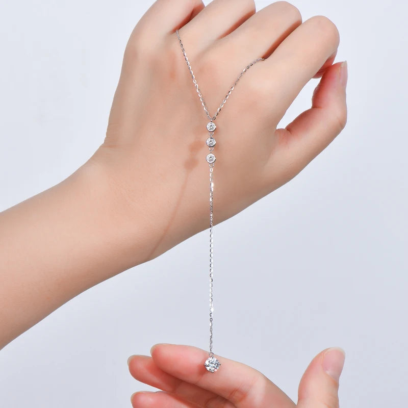 D1.30ct D Color Moissanite Y-Shaped Pendant Necklace, 6.5mm & 3mm Lab Stones, 925 Sterling Silver Long Adjustable Chain – Melisande