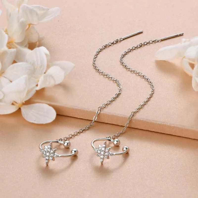 Moissanite Star Ear Line Cuff Climber Earrings, 925 Sterling Silver Long Chain Threader Design – GRA Certified – Melisande