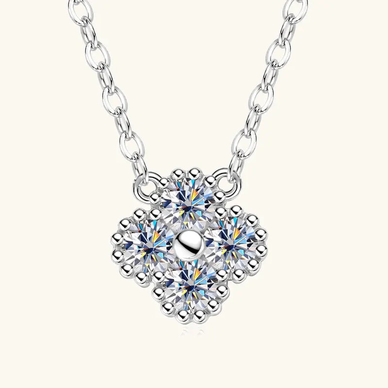 Lucky Clover Moissanite Flower Pendant Necklace, 3mm 0.1ct Stone, 100% S925 Sterling Silver Adjustable Chain – Melisande