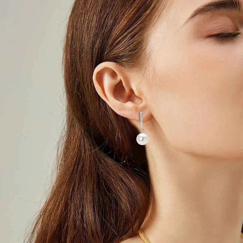 Moissanite Hoop Earrings – 925 Sterling Silver with 9–10mm Freshwater Pearl Drop Wedding Jewelry | Melisande