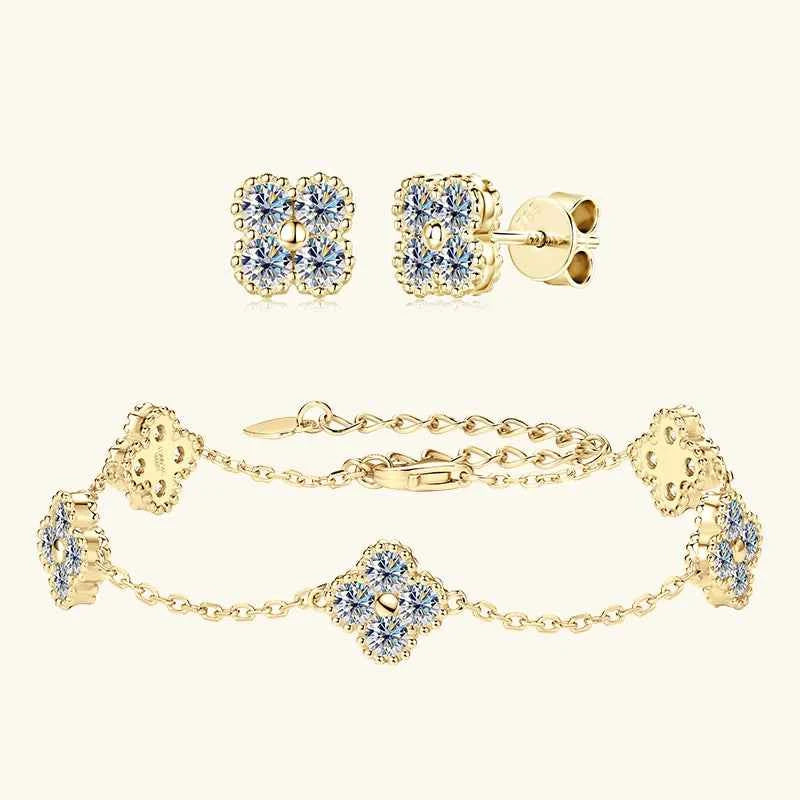 3mm D Color Moissanite Clover Jewelry Set, 925 Sterling Silver Necklace, Earrings & Bracelet (3-in-1 Set) – Melisande